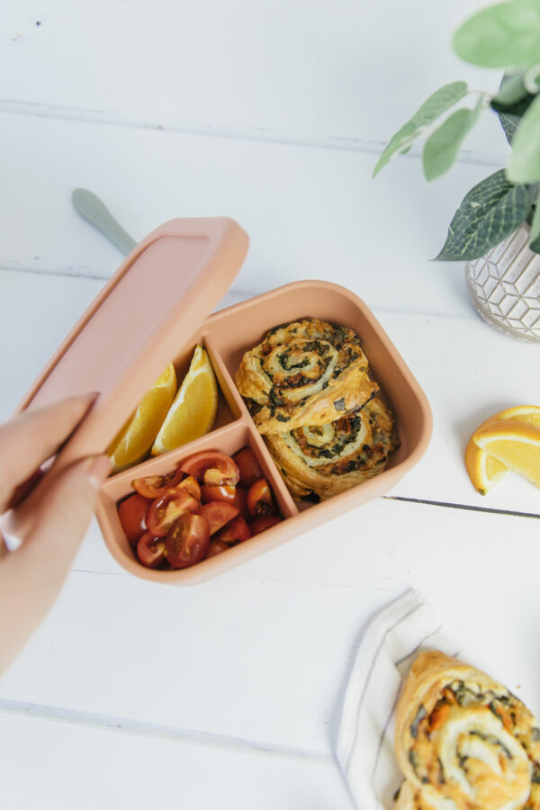 pinwheel, orange and tomatoes in a dusty rose divider lunchbox