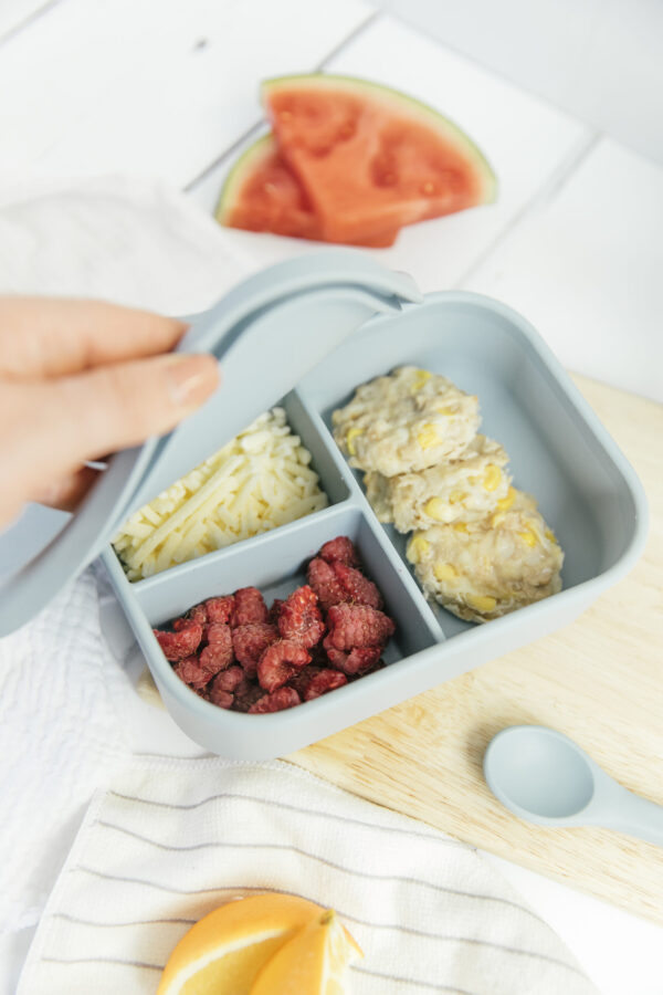 dusty blue lunchbox with tuna patties, raspberries and cheese inside